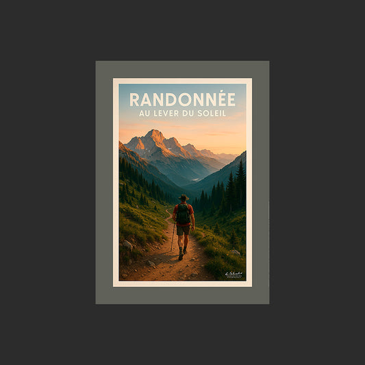 Affiche SP0231 Un marcheur sur un sentier de montagne en France un matin en été, design avec marge couleur.