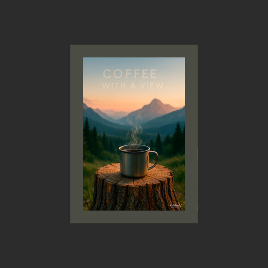 Affiche SP0236 Un mug de café posé sur une souche avec des montagnes, design avec marge couleur.