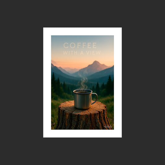 Affiche SP0236 Un mug de café posé sur une souche avec des montagnes, design avec marge blanche.