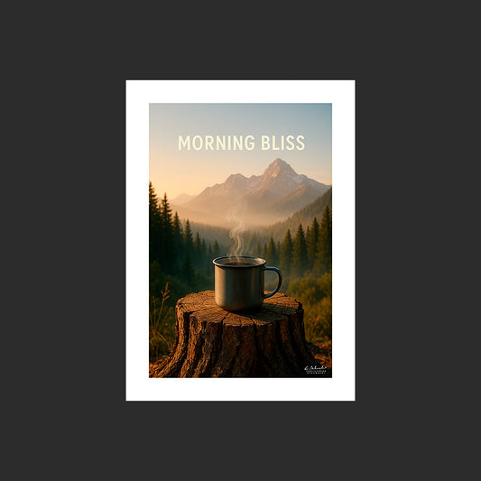 Affiche SP0237 Petit déjeuner au bivouac en montagne un matin en été, design avec marge blanche.