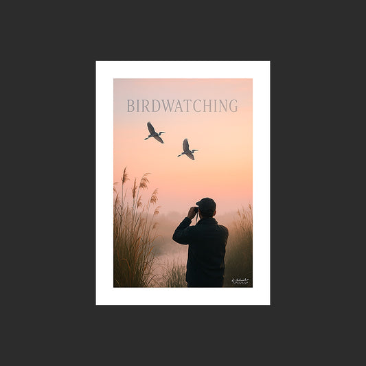 Affiche SP0238 Birdwatching avec des hérons dans une roselière le matin, design avec marge blanche.