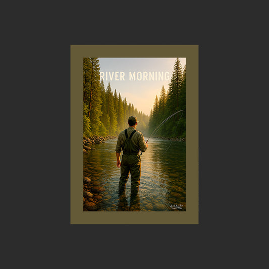 Affiche SP0239 Pêcheur au lancer dans une rivière sauvage le matin, design avec marge couleur.