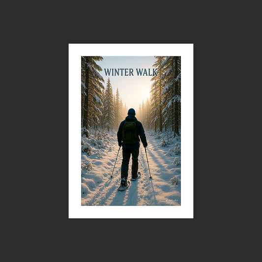 Affiche SP0240 Un randonneur en raquettes dans la neige en forêt, design avec marge blanche.