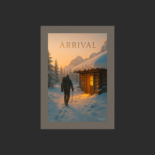 Affiche SP0243 Un randonneur devant un chalet sous la neige le soir, design avec marge couleur.