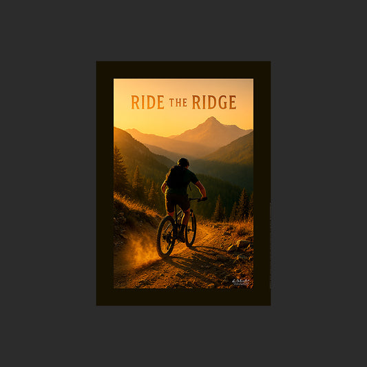 Affiche SP0244 Un vététiste sur un sentier de montagne au couchant, design avec marge couleur.