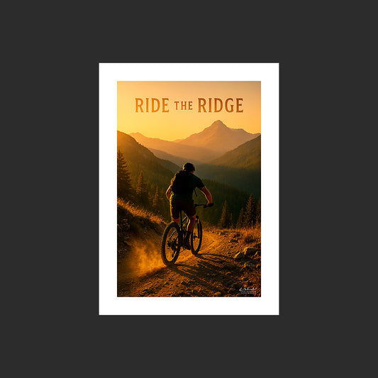 Affiche SP0244 Un vététiste sur un sentier de montagne au couchant, design avec marge blanche.