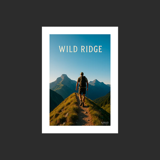 Affiche SP0245 Un marcheur sur un sentier de crête de montagne en été, design avec marge blanche.