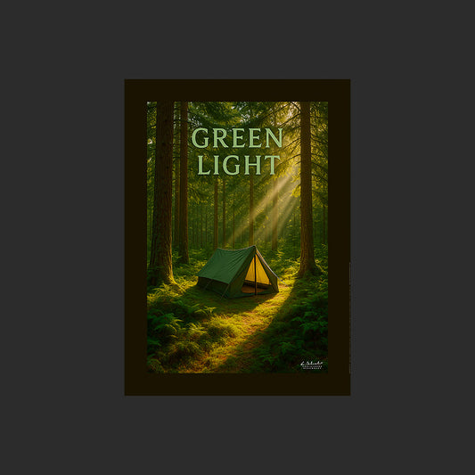 Affiche SP0246 Une tente de camping en forêt sous un rai de lumière en été, design avec marge couleur.