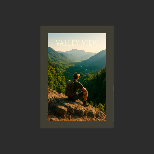 Affiche SP0247 Un randonneur en montagne assis admire la vallée en été, design avec marge couleur.