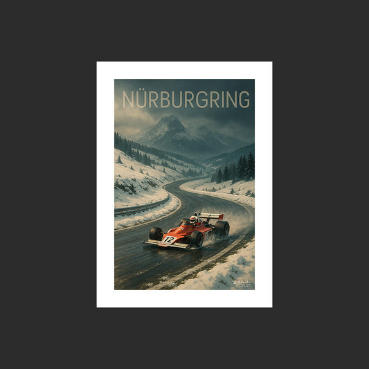 Affiche SP0248 Une Formule 1 sur le circuit du Nürburgring en hiver, design avec marge blanche.