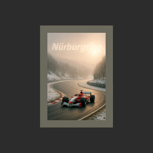 Affiche SP0249 Une Formule 1 sur le Nürburgring Nordschleife un matin en hiver, design avec marge couleur.