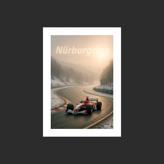 Affiche SP0249 Une Formule 1 sur le Nürburgring Nordschleife un matin en hiver, design avec marge blanche.