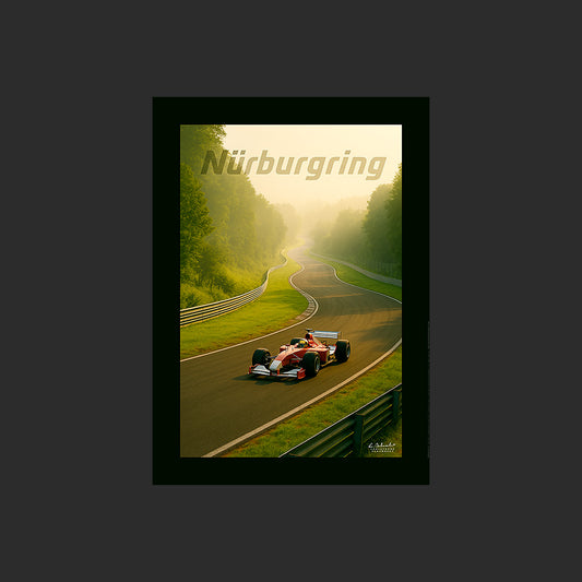Affiche SP0250 Une Formule 1 en forêt sur le Nürburgring un matin en été, design avec marge couleur.