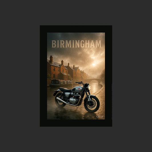Affiche SP0252 Une moto BSA Gold Star à Birmingham au bord d'un canal, design avec marge couleur.
