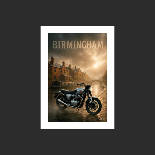 Affiche SP0252 Une moto BSA Gold Star à Birmingham au bord d'un canal, design avec marge blanche.