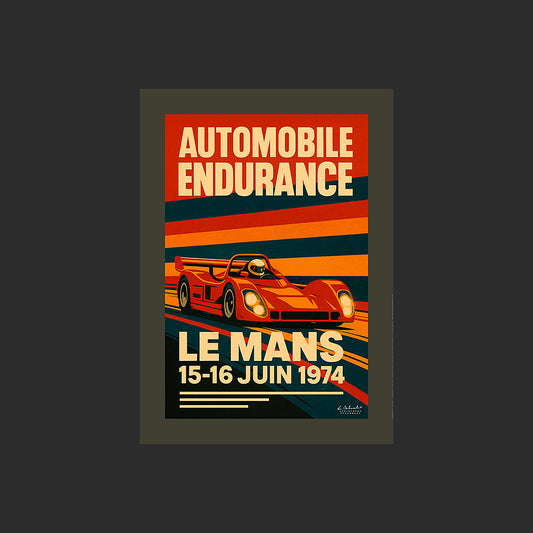 Affiche SP0253 Image art déco Le Mans 1974 automobile endurance, design avec marge couleur.