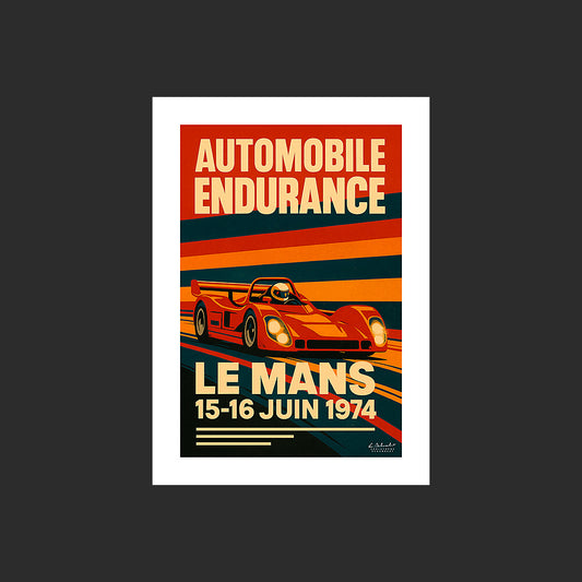 Affiche SP0253 Image art déco Le Mans 1974 automobile endurance, design avec marge blanche.