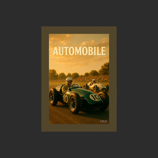 Affiche SP0255 Des Formule 1 des années 1950 sur un circuit automobile, design avec marge couleur.