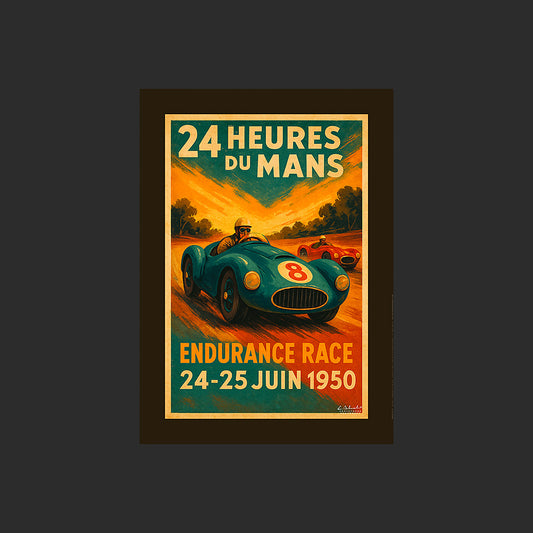 Affiche SP0257 Image art déco 24 Heures du Mans 1950 endurance race, design avec marge couleur.