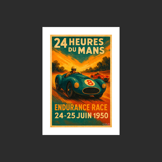 Affiche SP0257 Image art déco 24 Heures du Mans 1950 endurance race, design avec marge blanche.