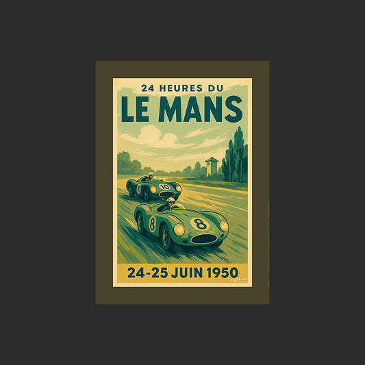 Affiche SP0258 Image style litho des 24 Heures du Mans en 1950, design avec marge couleur.