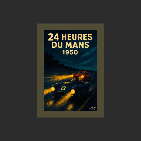 Affiche SP0259 Image des 24 Heures du Mans de nuit en 1950 en style art déco, design avec marge couleur.