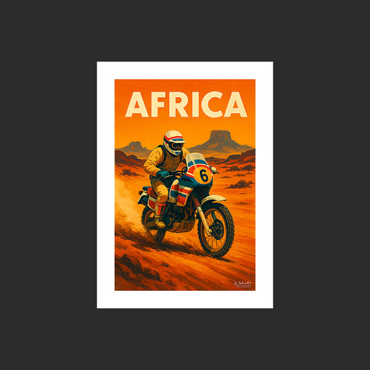 Affiche SP0260 Image graphique du rallye Dakar moto 1980 Africa, design avec marge blanche.